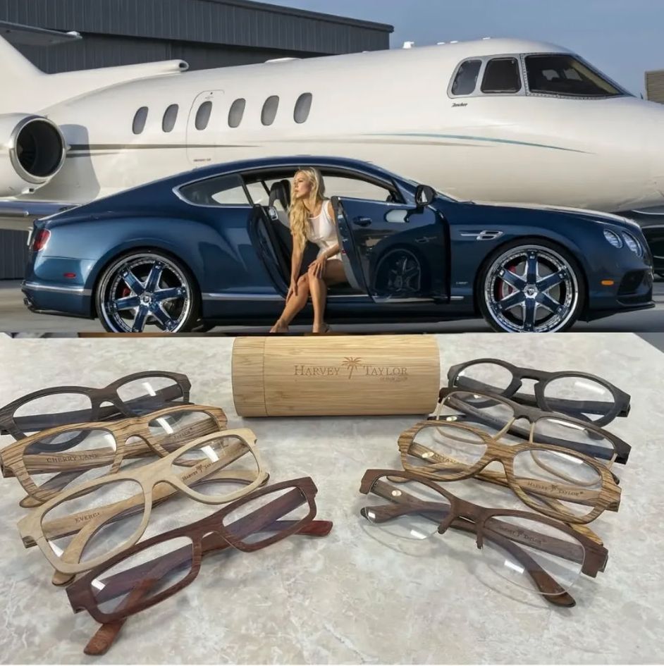 Harvey Taylor eyewear displayed with a luxury car and private jet